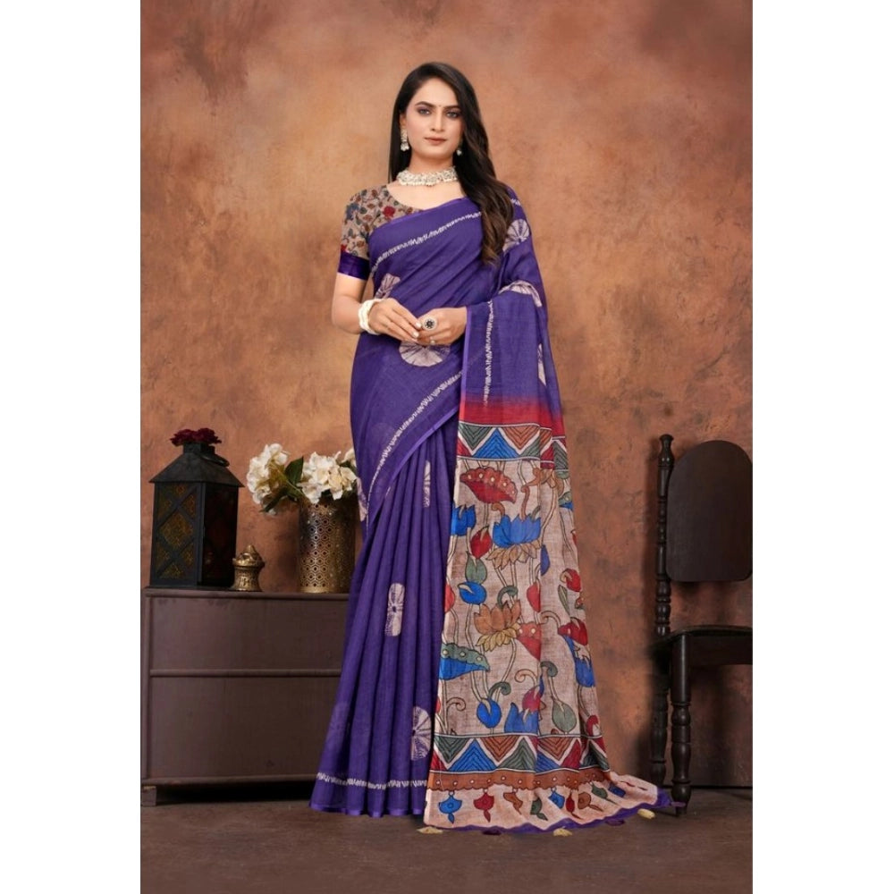 Seduva Women's Linen Printed Saree With Unstitched Blouse 5.5Mtr (Purple)