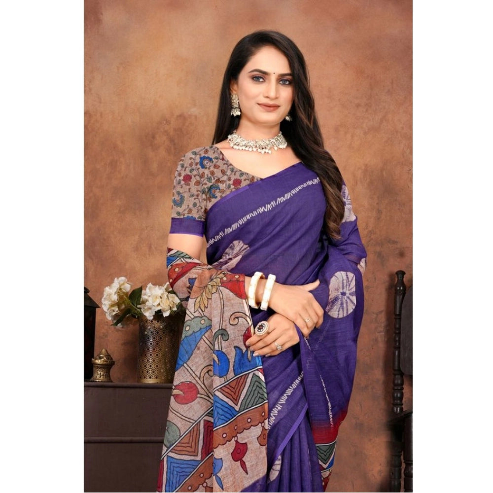 Seduva Women's Linen Printed Saree With Unstitched Blouse 5.5Mtr (Purple)