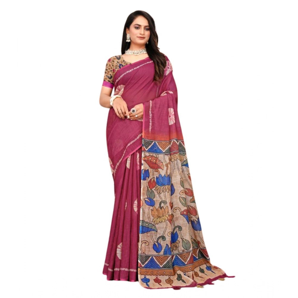 Seduva Women's Linen Printed Saree With Unstitched Blouse 5.5Mtr (Purple)