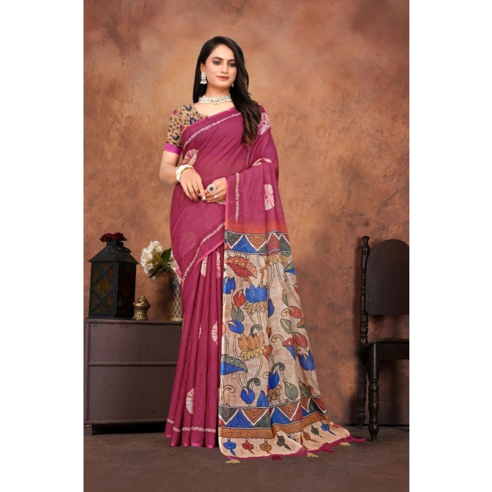 Seduva Women's Linen Printed Saree With Unstitched Blouse 5.5Mtr (Purple)