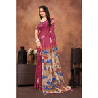 Seduva Women's Linen Printed Saree With Unstitched Blouse 5.5Mtr (Purple)