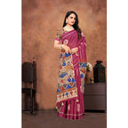 Seduva Women's Linen Printed Saree With Unstitched Blouse 5.5Mtr (Purple)