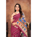 Seduva Women's Linen Printed Saree With Unstitched Blouse 5.5Mtr (Purple)
