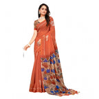 Seduva Women's Linen Printed Saree With Unstitched Blouse 5.5Mtr (Red)