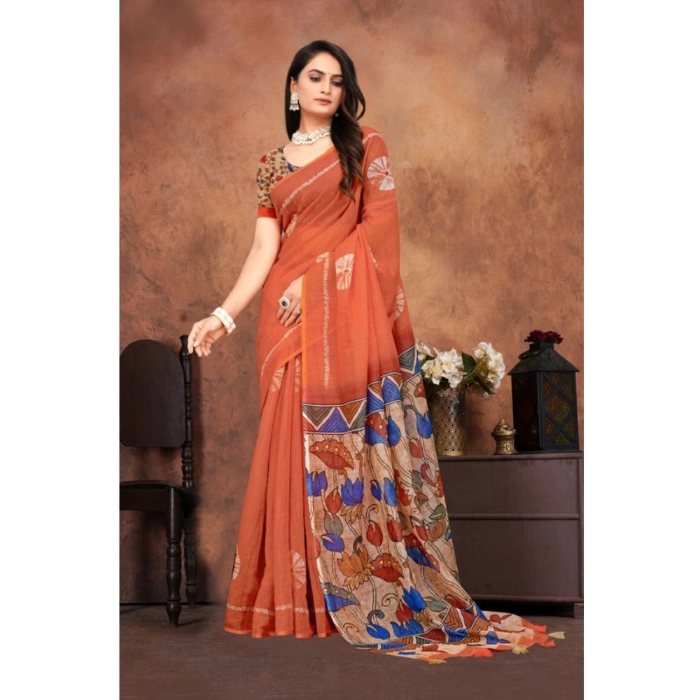 Seduva Women's Linen Printed Saree With Unstitched Blouse 5.5Mtr (Red)