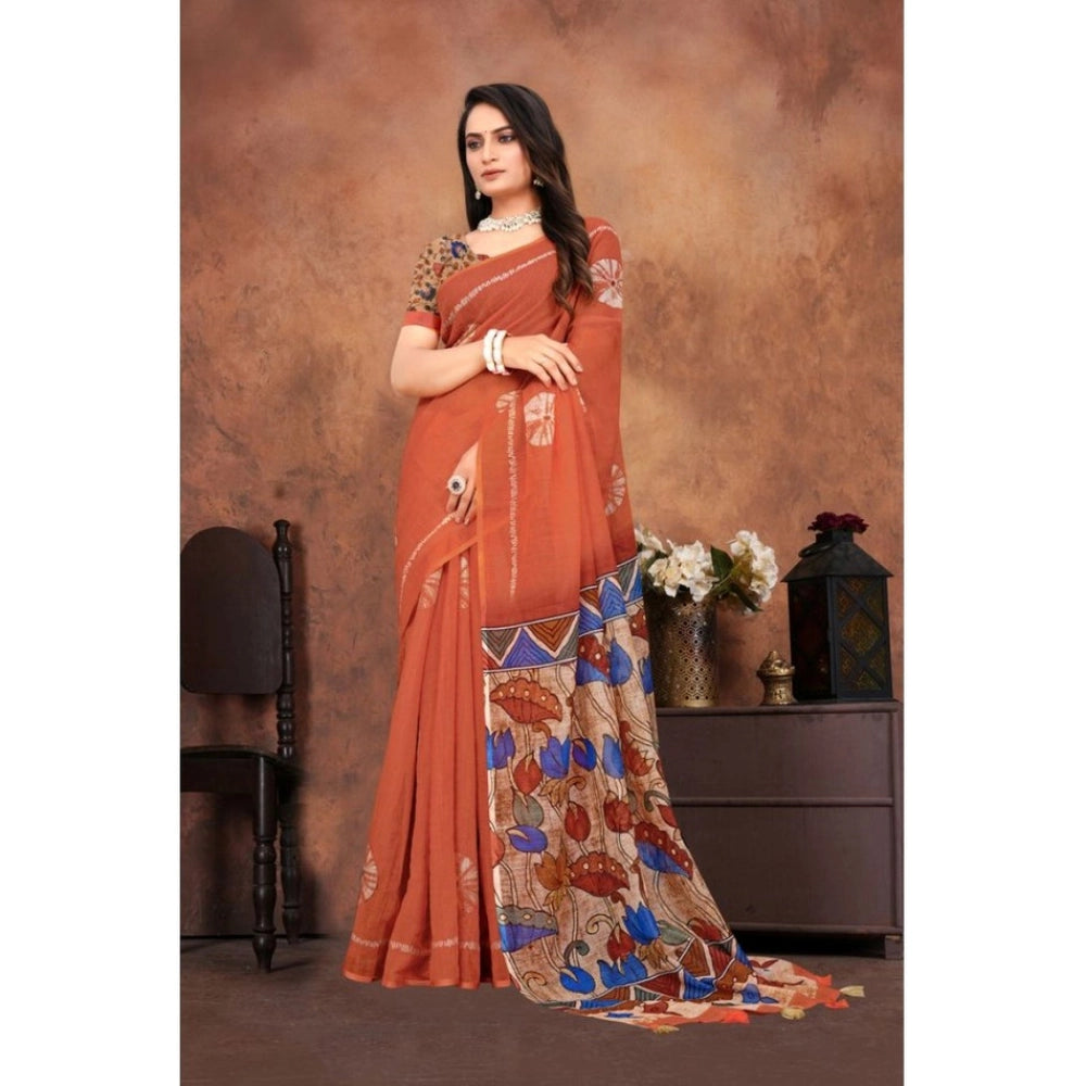 Seduva Women's Linen Printed Saree With Unstitched Blouse 5.5Mtr (Red)