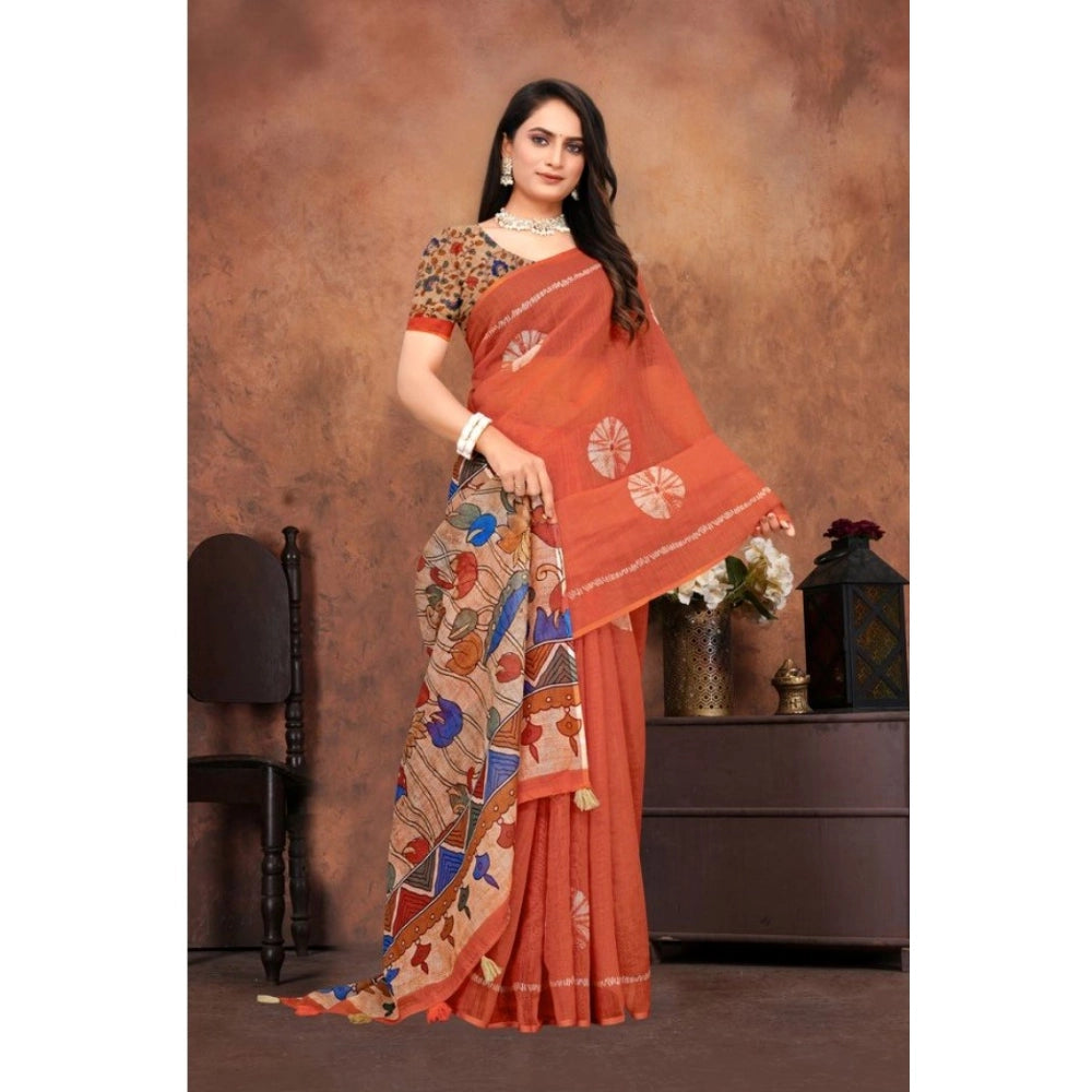 Seduva Women's Linen Printed Saree With Unstitched Blouse 5.5Mtr (Red)