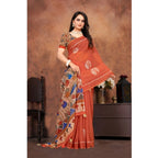 Seduva Women's Linen Printed Saree With Unstitched Blouse 5.5Mtr (Red)