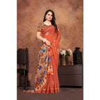 Seduva Women's Linen Printed Saree With Unstitched Blouse 5.5Mtr (Red)