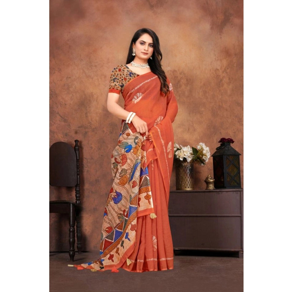 Seduva Women's Linen Printed Saree With Unstitched Blouse 5.5Mtr (Red)