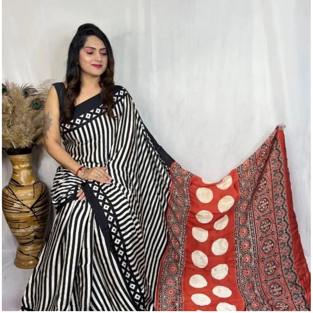 Seduva Women's Satin Printed Saree With Unstitched Blouse 5.5Mtr (Black)