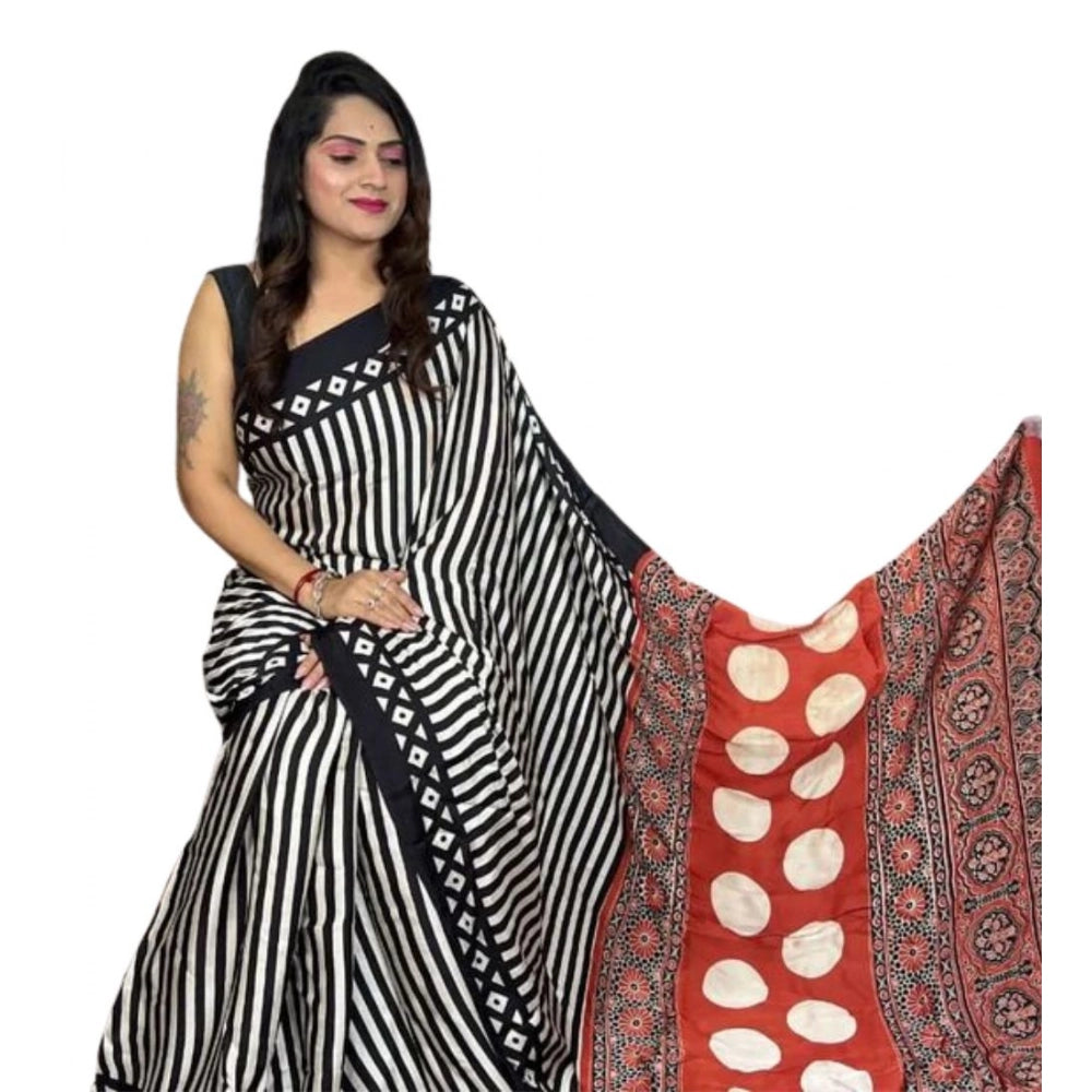 Seduva Women's Satin Printed Saree With Unstitched Blouse 5.5Mtr (Black)