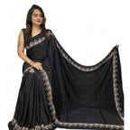 Seduva Women's Satin Printed Saree With Unstitched Blouse 5.5Mtr (Black)