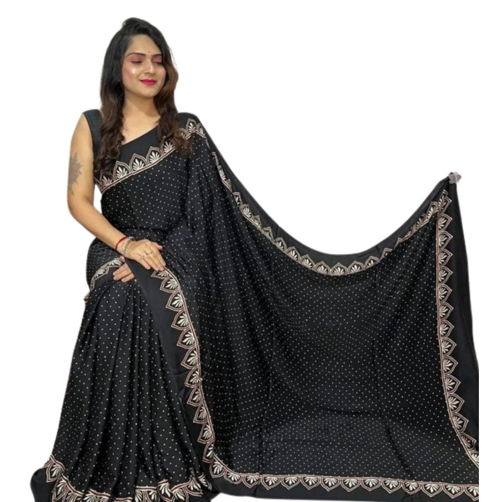 Seduva Women's Satin Printed Saree With Unstitched Blouse 5.5Mtr (Black)