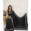 Seduva Women's Satin Printed Saree With Unstitched Blouse 5.5Mtr (Black)