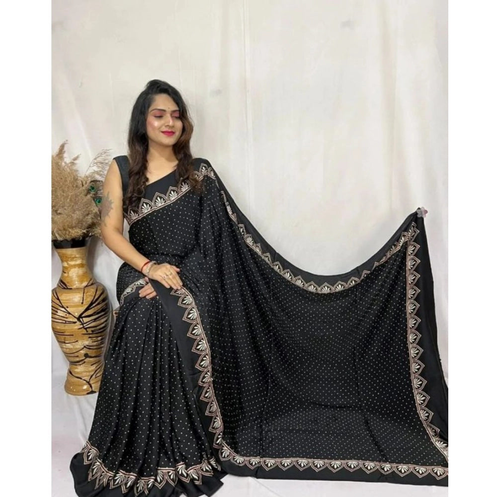 Seduva Women's Satin Printed Saree With Unstitched Blouse 5.5Mtr (Black)