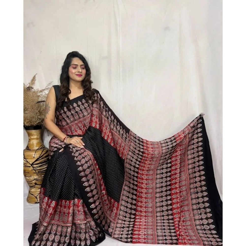 Seduva Women's Satin Printed Saree With Unstitched Blouse 5.5Mtr (Black)
