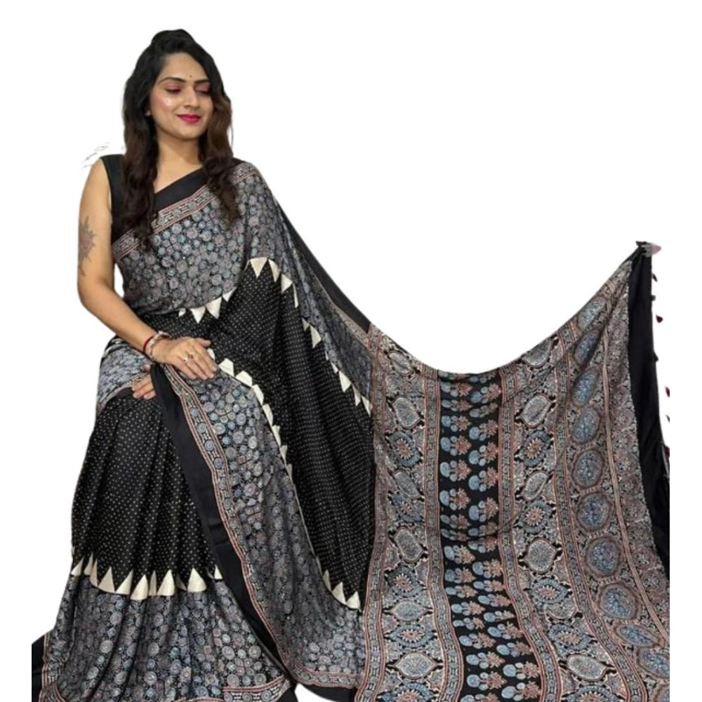 Seduva Women's Satin Printed Saree With Unstitched Blouse 5.5Mtr (Black)