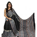 Seduva Women's Satin Printed Saree With Unstitched Blouse 5.5Mtr (Black)
