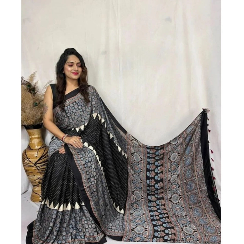 Seduva Women's Satin Printed Saree With Unstitched Blouse 5.5Mtr (Black)