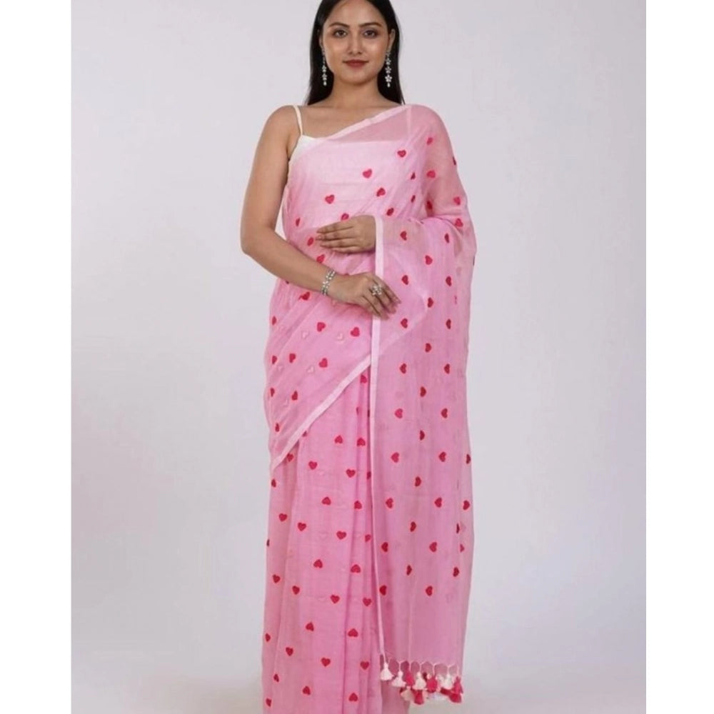 Seduva Women's Linen Printed Saree With Unstitched Blouse 5.5Mtr (Pink)