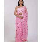 Seduva Women's Linen Printed Saree With Unstitched Blouse 5.5Mtr (Pink)