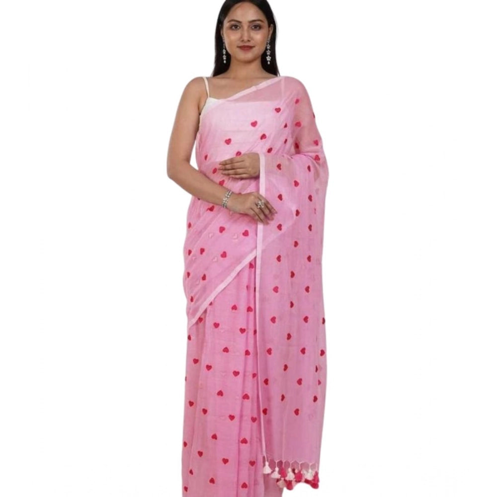 Seduva Women's Linen Printed Saree With Unstitched Blouse 5.5Mtr (Pink)