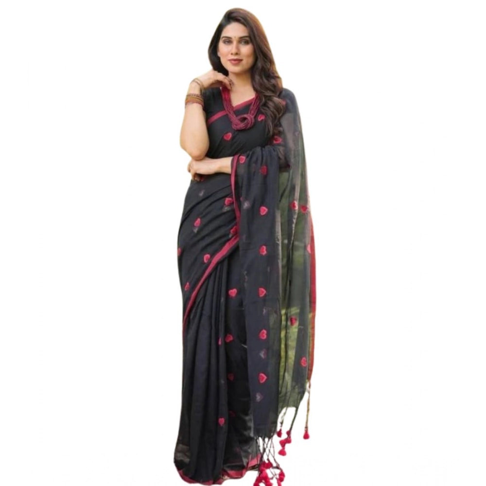 Seduva Women's Linen Printed Saree With Unstitched Blouse 5.5Mtr (Black)