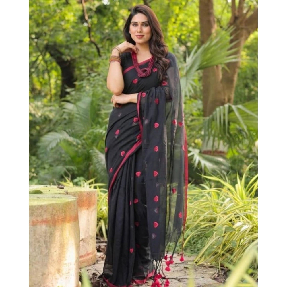 Seduva Women's Linen Printed Saree With Unstitched Blouse 5.5Mtr (Black)