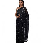 Seduva Women's Linen Printed Saree With Unstitched Blouse 5.5Mtr (Black)