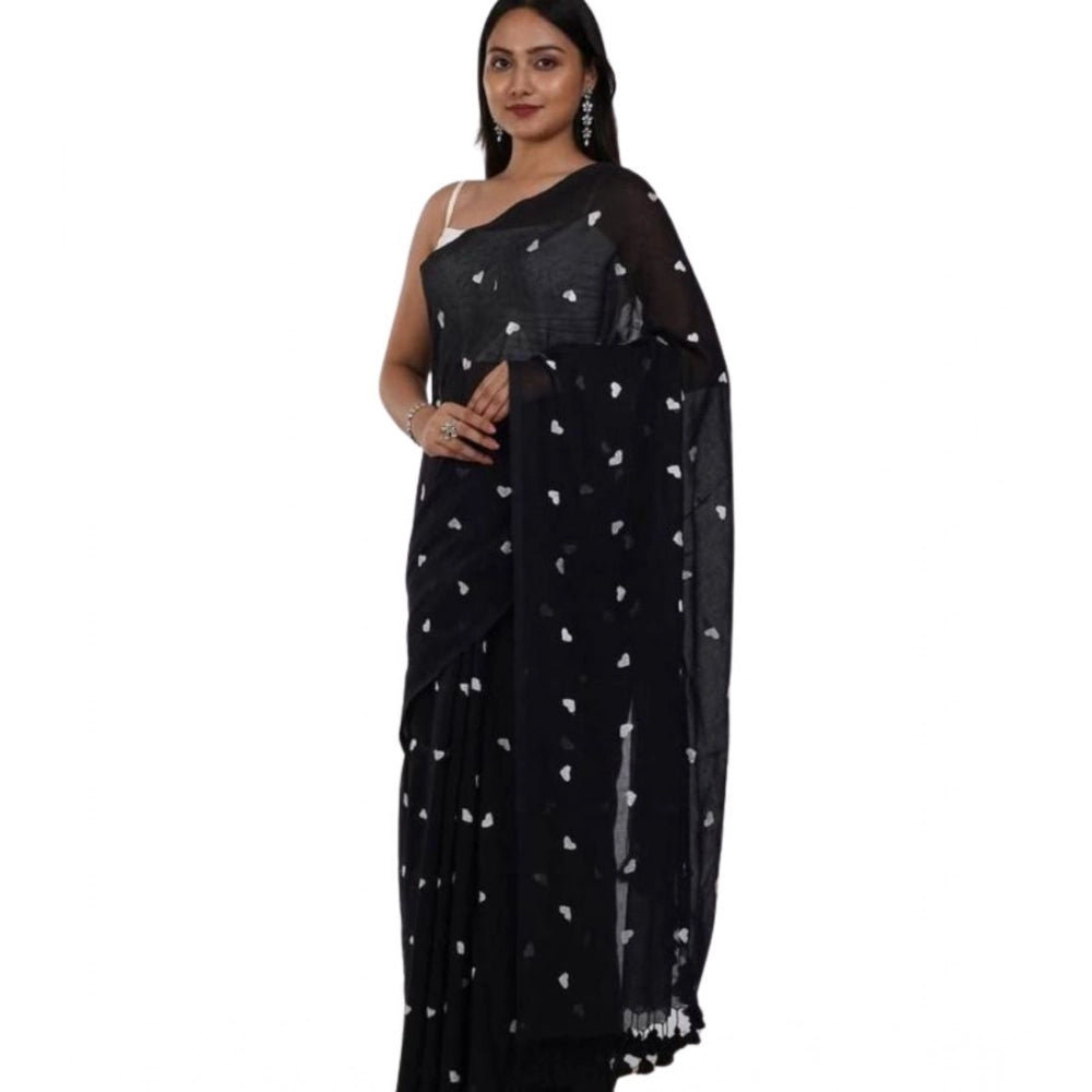 Seduva Women's Linen Printed Saree With Unstitched Blouse 5.5Mtr (Black)