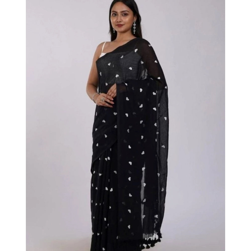 Seduva Women's Linen Printed Saree With Unstitched Blouse 5.5Mtr (Black)