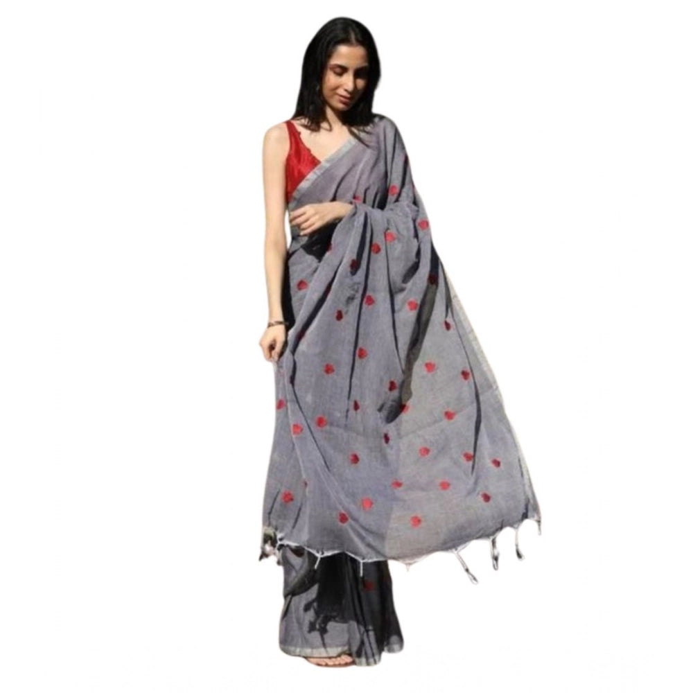 Seduva Women's Linen Printed Saree With Unstitched Blouse 5.5Mtr (Grey)