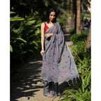 Seduva Women's Linen Printed Saree With Unstitched Blouse 5.5Mtr (Grey)