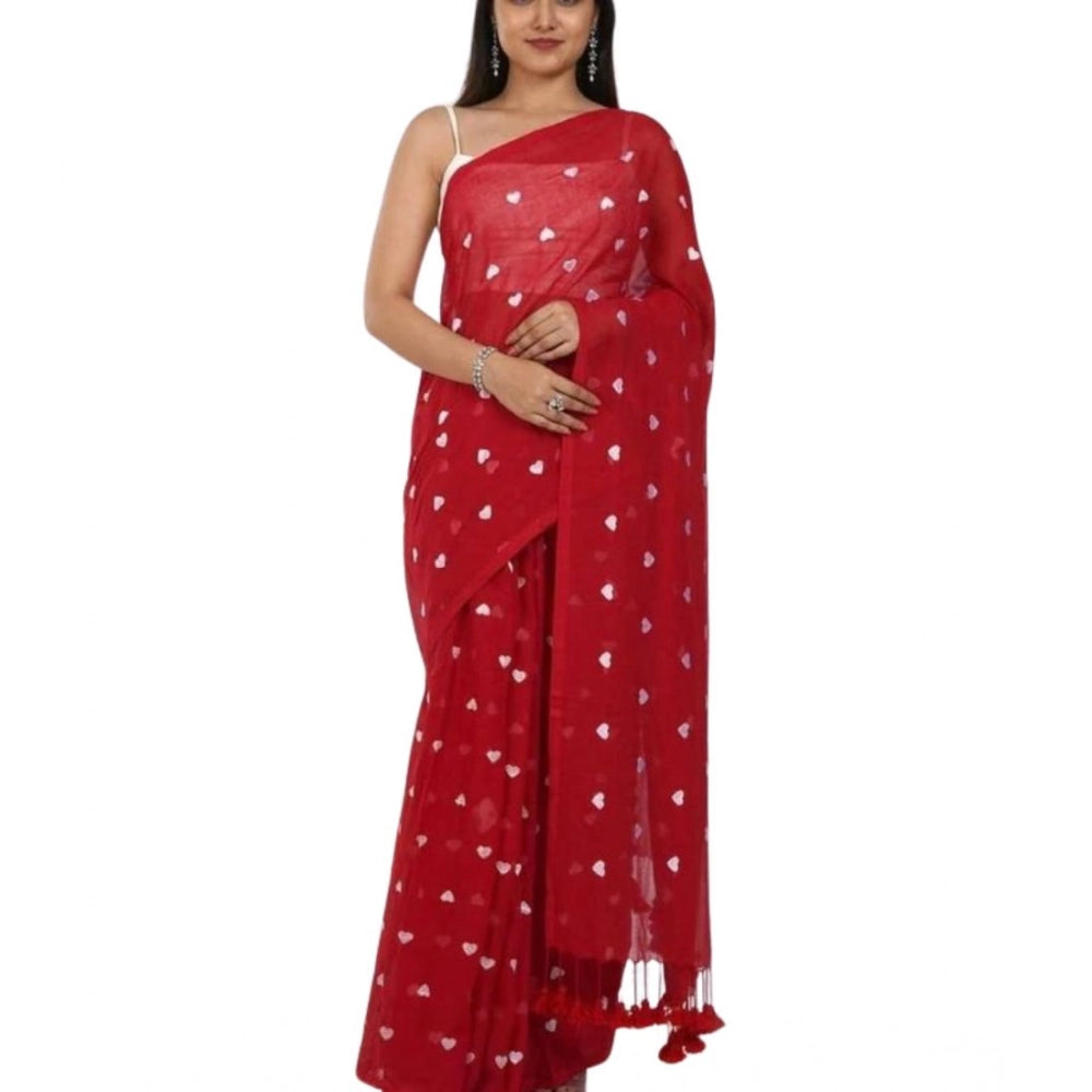 Seduva Women's Linen Printed Saree With Unstitched Blouse 5.5Mtr (Red)