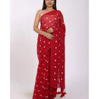 Seduva Women's Linen Printed Saree With Unstitched Blouse 5.5Mtr (Red)
