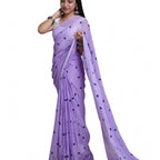 Seduva Women's Linen Printed Saree With Unstitched Blouse 5.5Mtr (Purple)