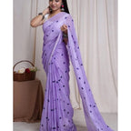 Seduva Women's Linen Printed Saree With Unstitched Blouse 5.5Mtr (Purple)