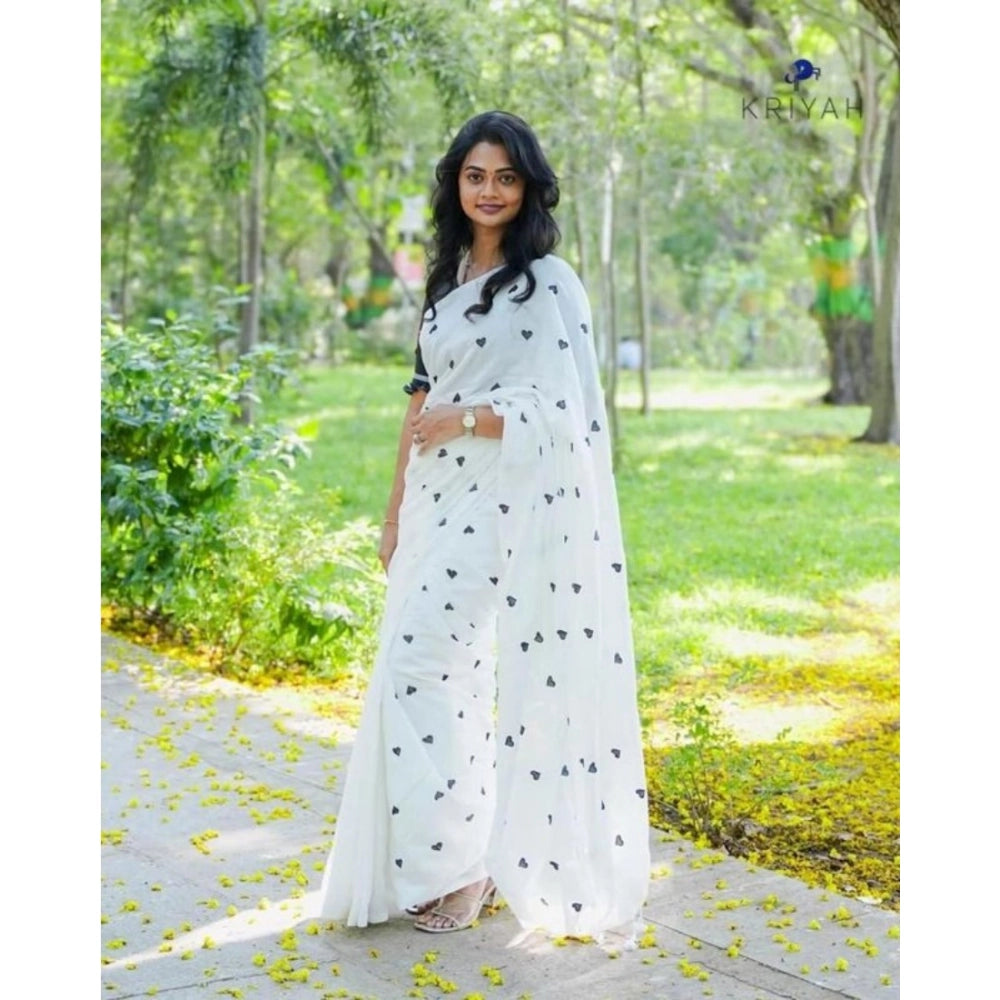 Seduva Women's Linen Printed Saree With Unstitched Blouse 5.5Mtr (White)