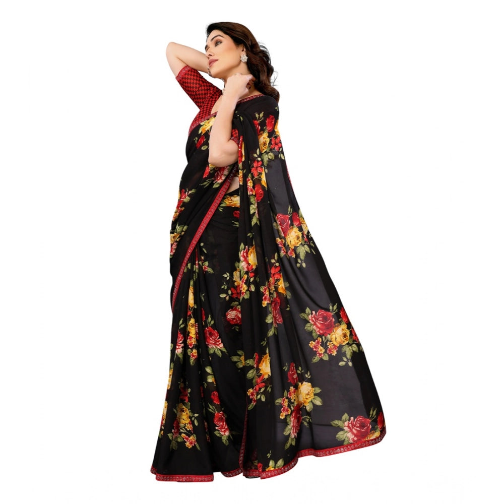 Seduva Women's Georgette Printed Saree With Unstitched Blouse 5.5Mtr (Black)