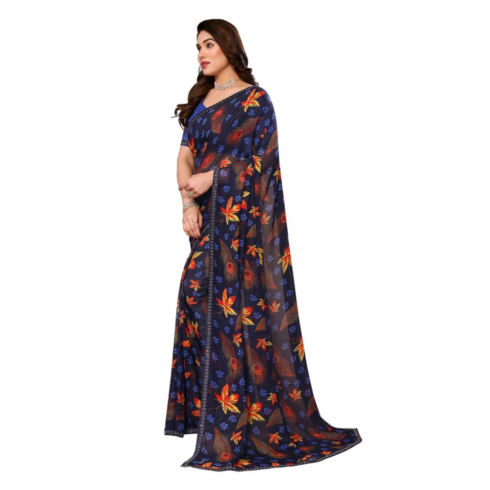 Seduva Women's Georgette Printed Saree With Unstitched Blouse 5.5Mtr (Blue)