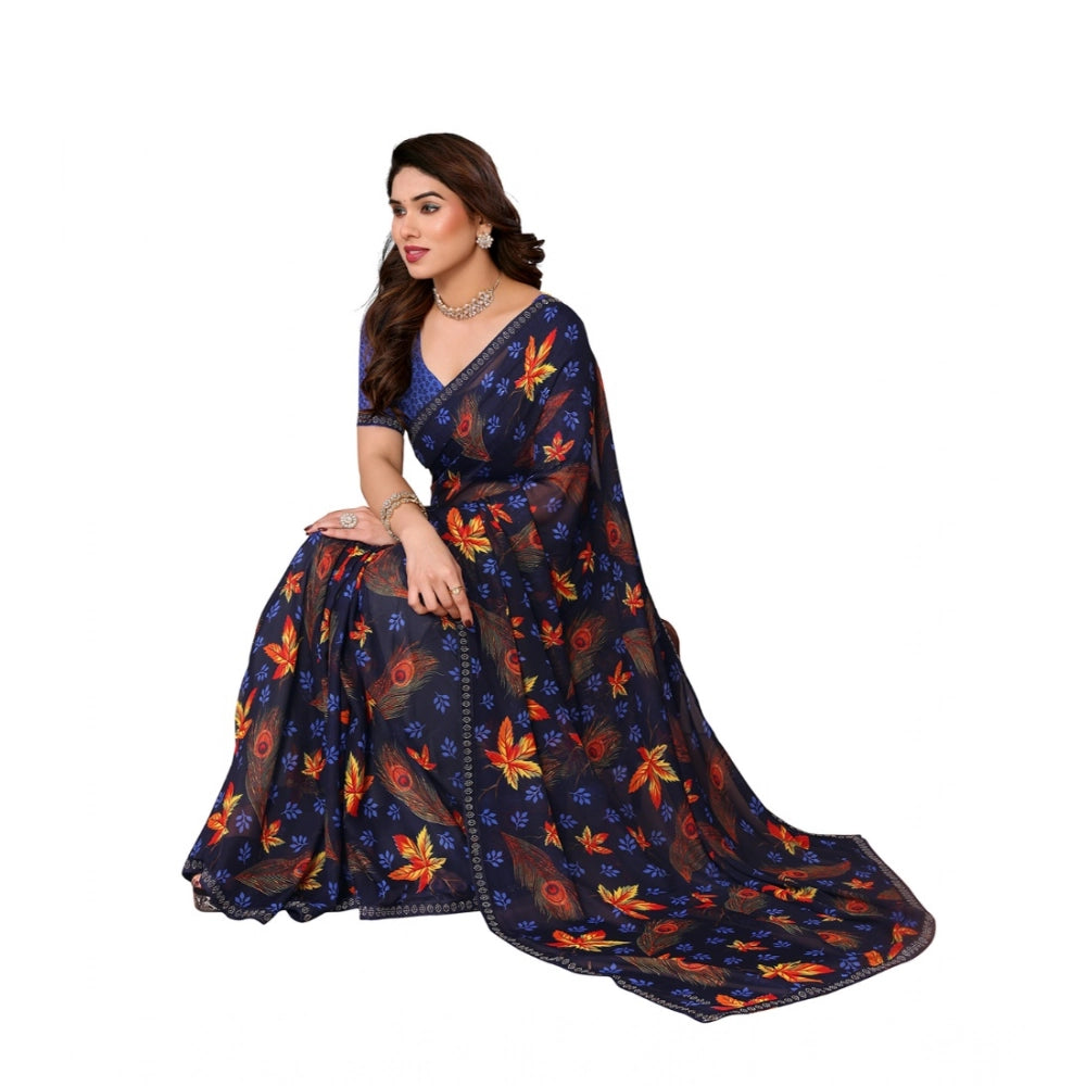 Seduva Women's Georgette Printed Saree With Unstitched Blouse 5.5Mtr (Blue)