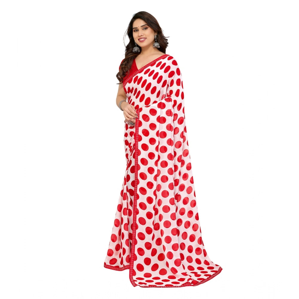 Seduva Women's Georgette Printed Saree With Unstitched Blouse 5.5Mtr (Red-White)