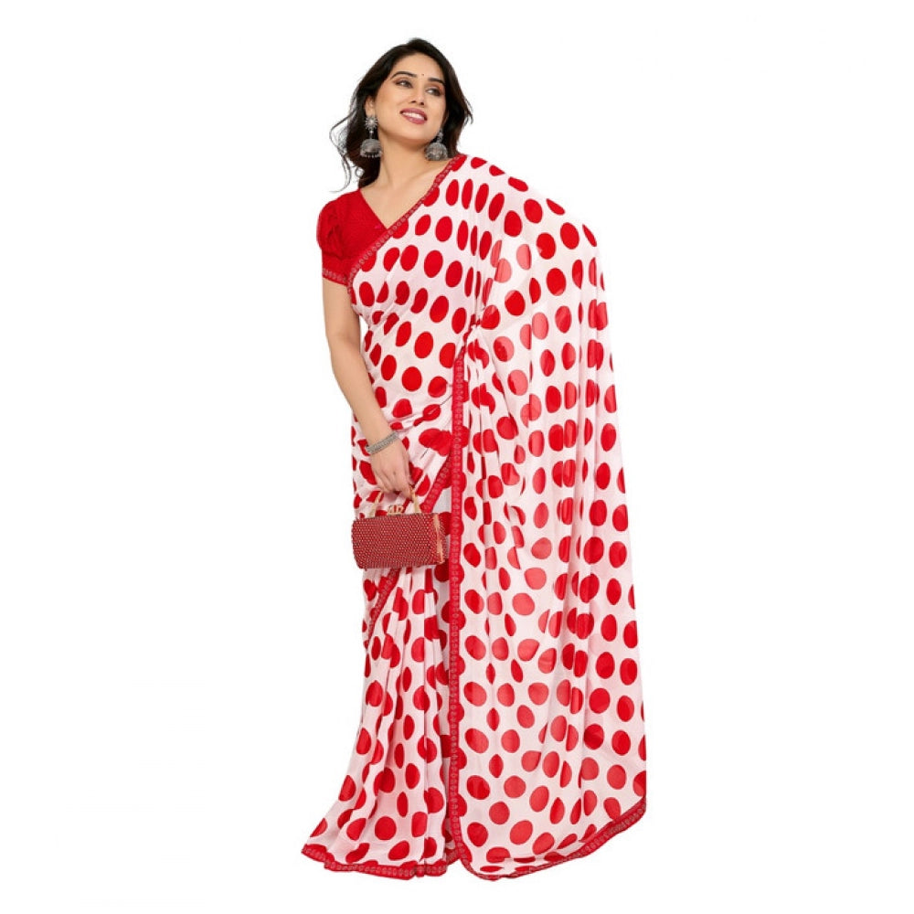 Seduva Women's Georgette Printed Saree With Unstitched Blouse 5.5Mtr (Red-White)