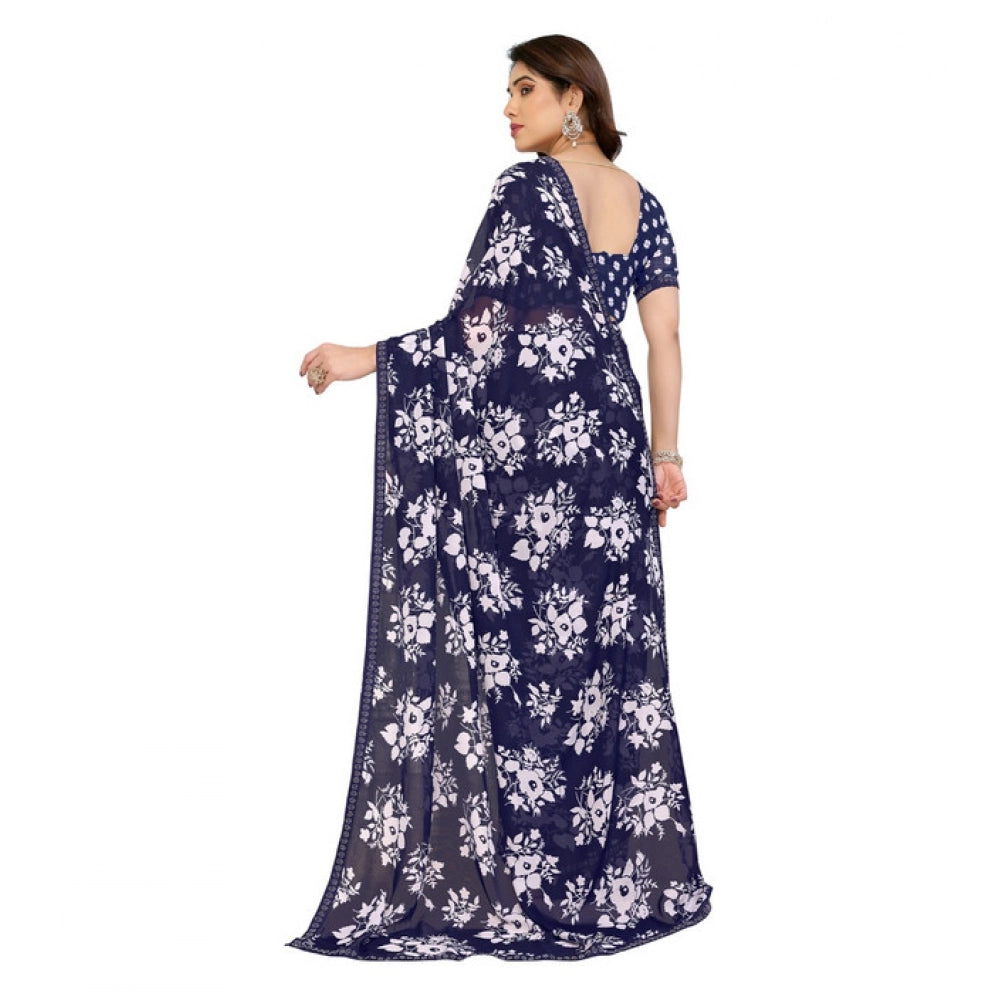 Seduva Women's Georgette Printed Saree With Unstitched Blouse 5.5Mtr (Navy Blue)