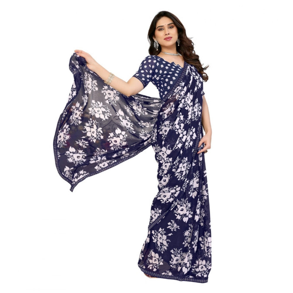 Seduva Women's Georgette Printed Saree With Unstitched Blouse 5.5Mtr (Navy Blue)