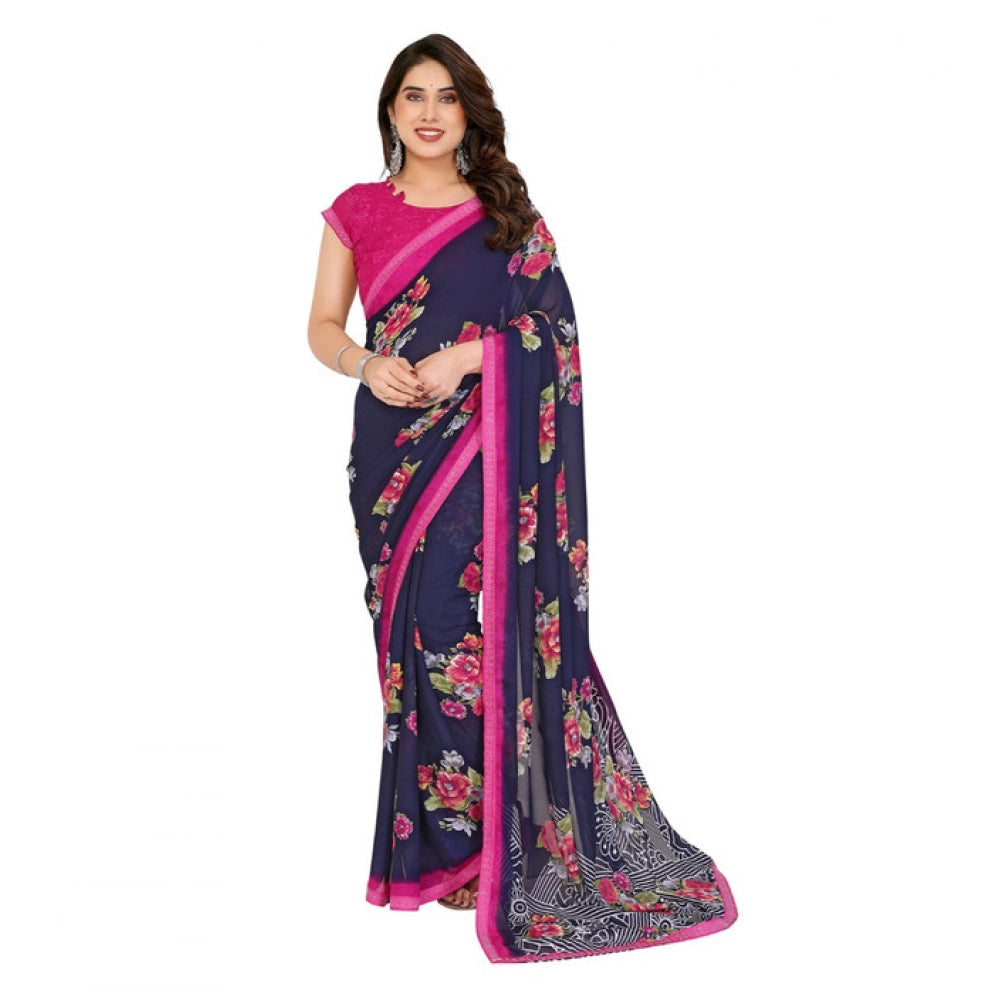 Seduva Women's Georgette Printed Saree With Unstitched Blouse 5.5Mtr (Blue)