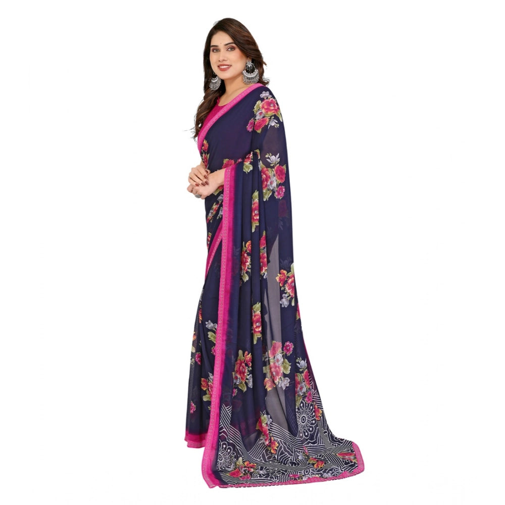 Seduva Women's Georgette Printed Saree With Unstitched Blouse 5.5Mtr (Blue)
