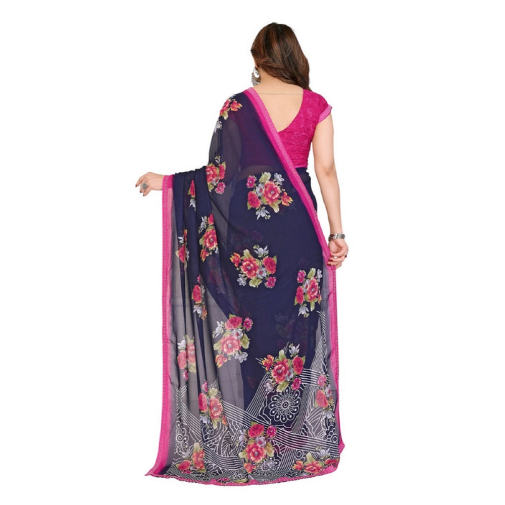 Seduva Women's Georgette Printed Saree With Unstitched Blouse 5.5Mtr (Blue)