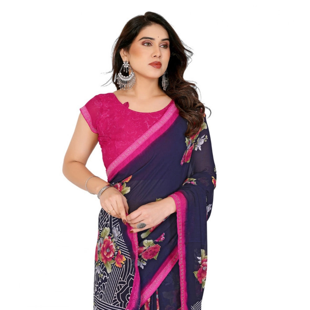 Seduva Women's Georgette Printed Saree With Unstitched Blouse 5.5Mtr (Blue)